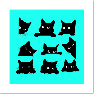 Cute Funny Black Cat in Different Positions Artwork Posters and Art